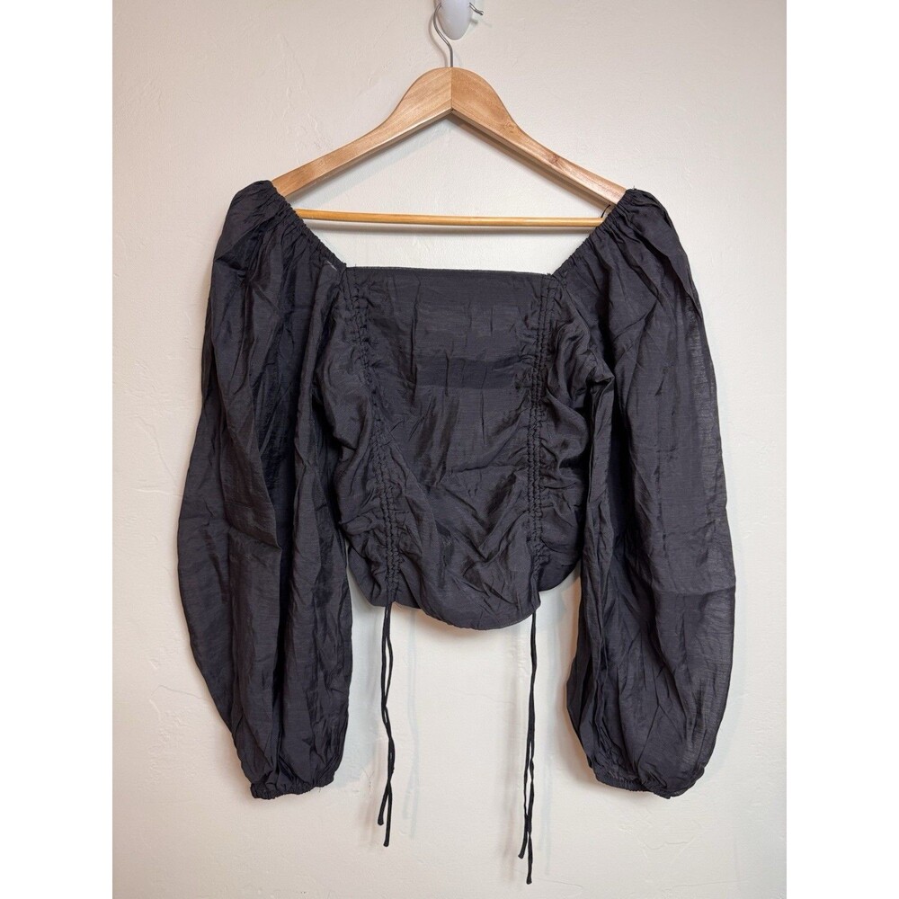 Women's L Black Sheer Balloon Sleeve Sheer Smocked Top Dark Romantic Peasant
